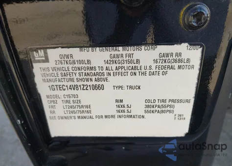 2001 GMC Sierra 1500 Sl from USA, damaged, VIN 1GTEC14V81Z210660